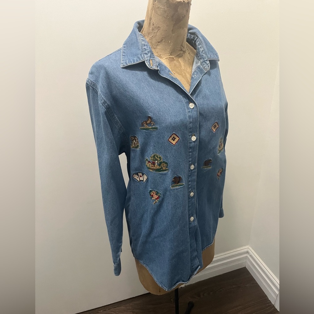 VINTAGE Jean Button-Up shirt w/ embroidery